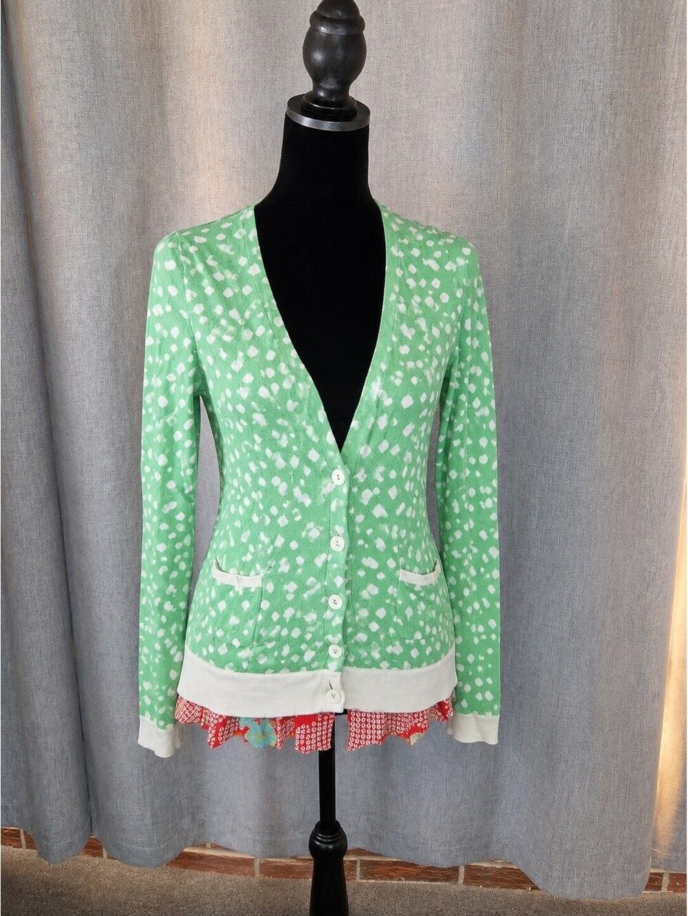 Leifsdottir Anthropologie Green Polka Dot Ruffle Hem Cardigan Size Small